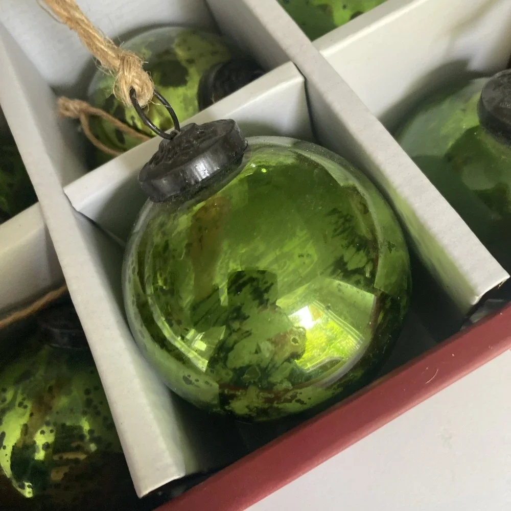 Pottery Barn Mercury Glass Ball Ornaments Set of 6 Green w/ Box